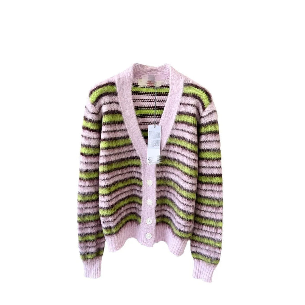 Pink wool knitted cardigan sweater with nap craft texture and regular sleeves