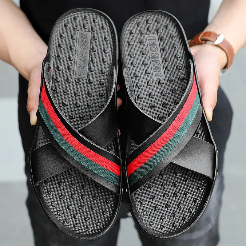 Men's cowhide leather beach flip-flops with non-slip PU soles in white, blue, and black colour options
