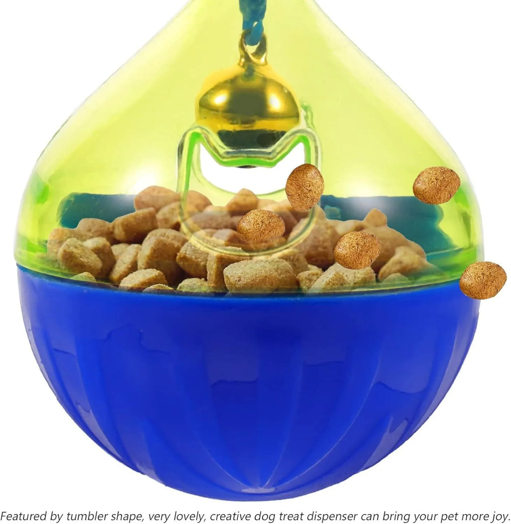 Blue pet treat dispenser tumbler toy for dogs and cats with interactive food puzzle design