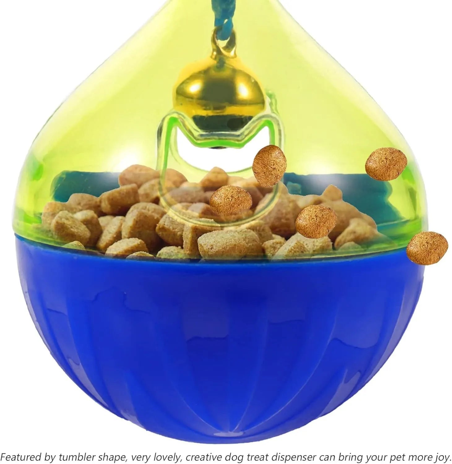 Blue pet treat dispenser tumbler toy for dogs and cats with interactive food puzzle design