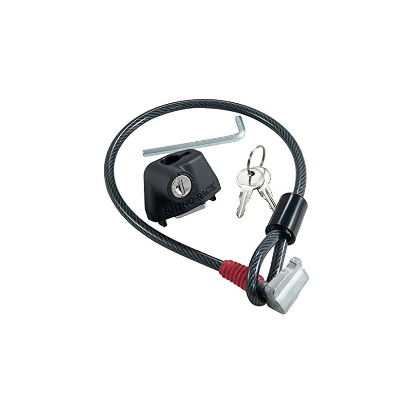 Roof platform steel cable lock with plastic sheath for securing camping kayaks and ladders.