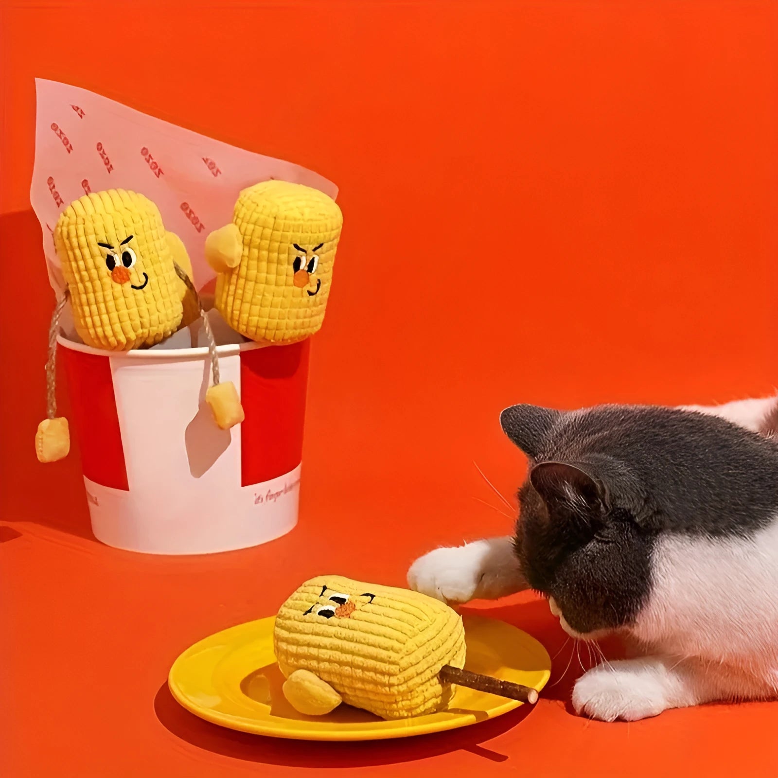 Polished corn cob wood cat chew toy with catnip for dental cleaning, 7cm long.