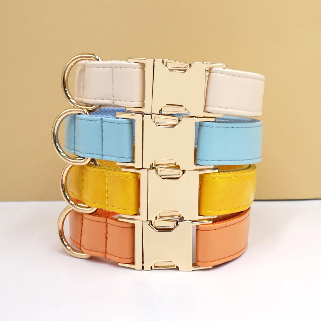 Leather dog collar with simple colour blocking design in caramel colour