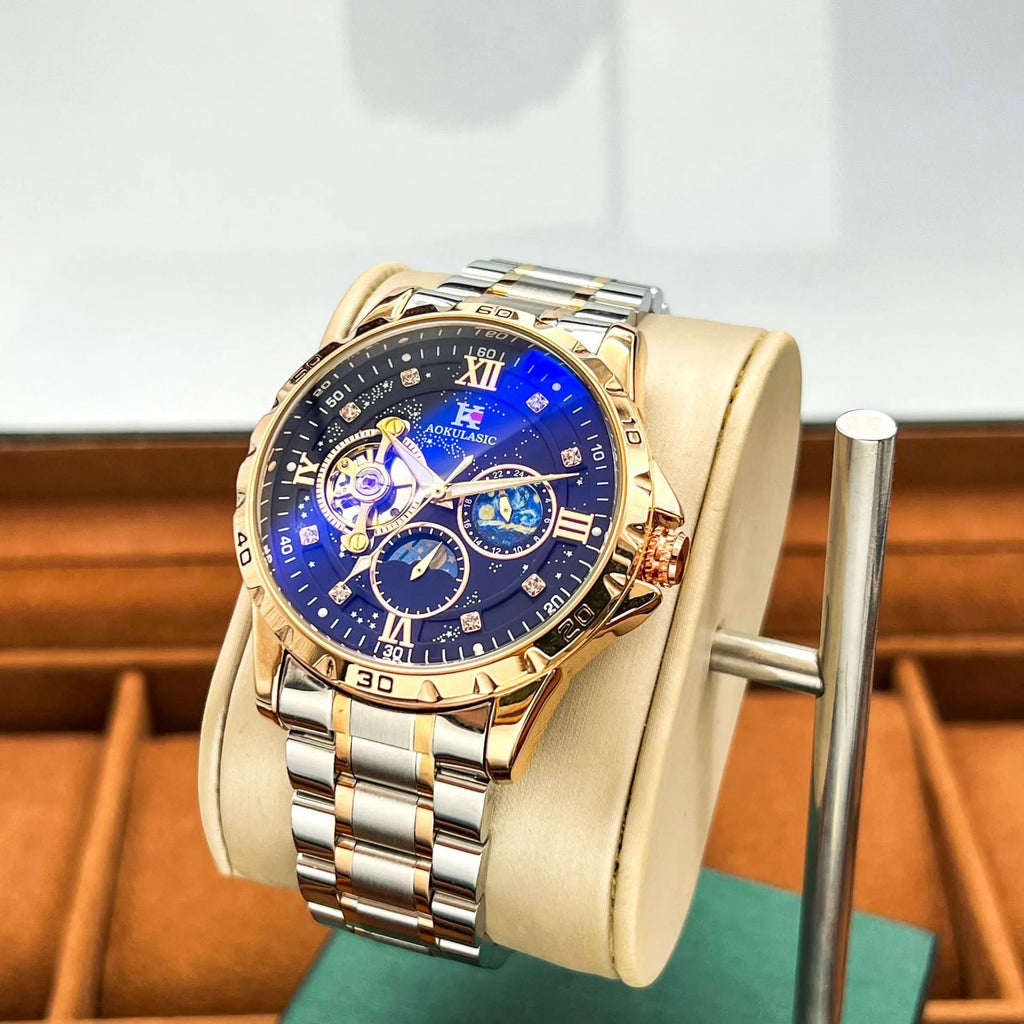 Automatic mechanical men's watch with rose gold case, black dial and large display