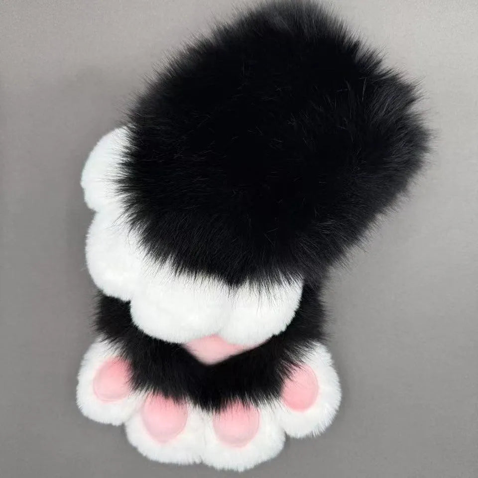 A pair of nylon cosplay gloves designed to look like animal claws, shown in various colour pad options.