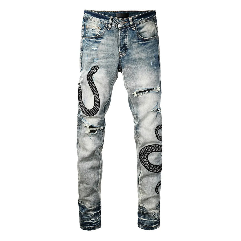 Women's blue distressed skinny jeans with mid-waist fit and button fly detail