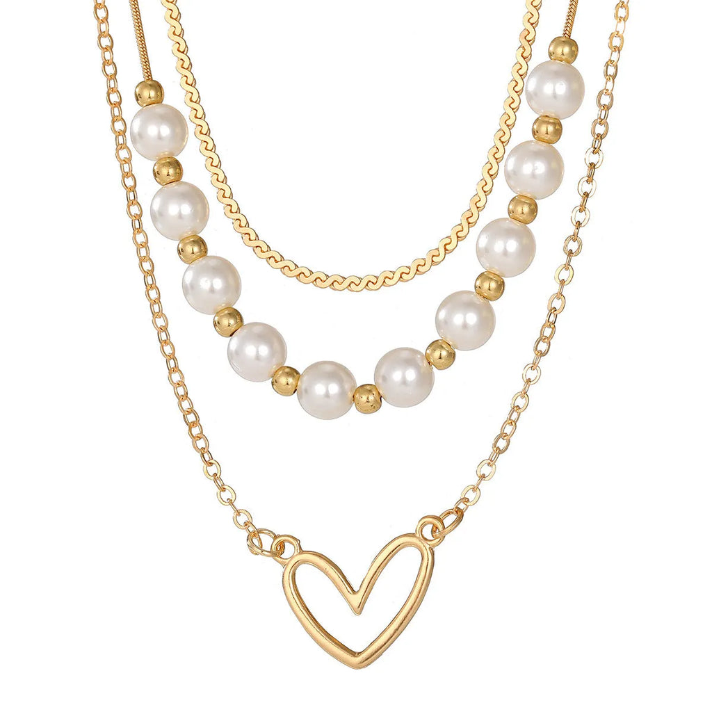 Vintage love heart pearl gold necklace with double-style design and adjustable chain