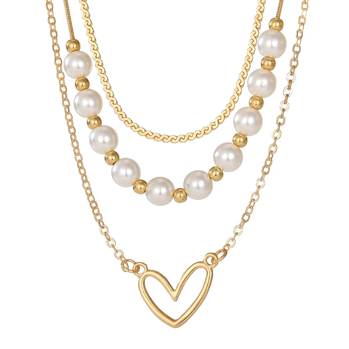 Vintage love heart pearl gold necklace with double-style design and adjustable chain
