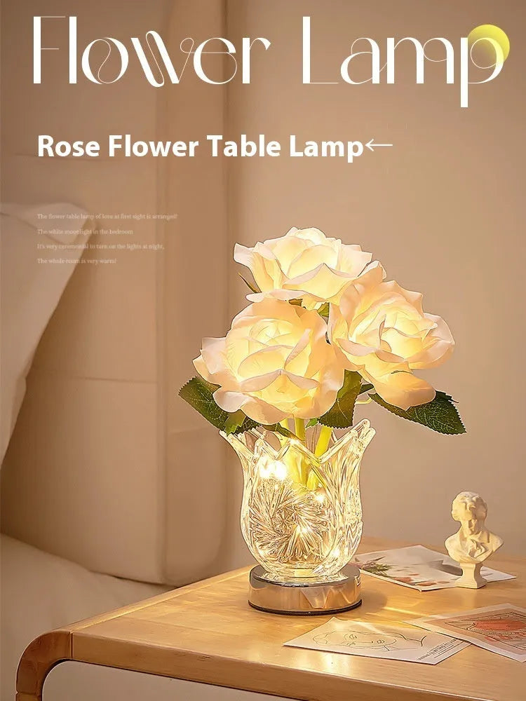 Crystal floral decorative touch dimmable rechargeable LED table lamp with modern styling