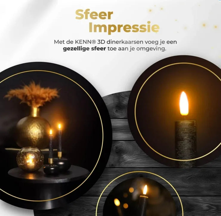 Black LED taper candle with realistic 3D flame effect, measuring 2.2cm wide by 18cm tall