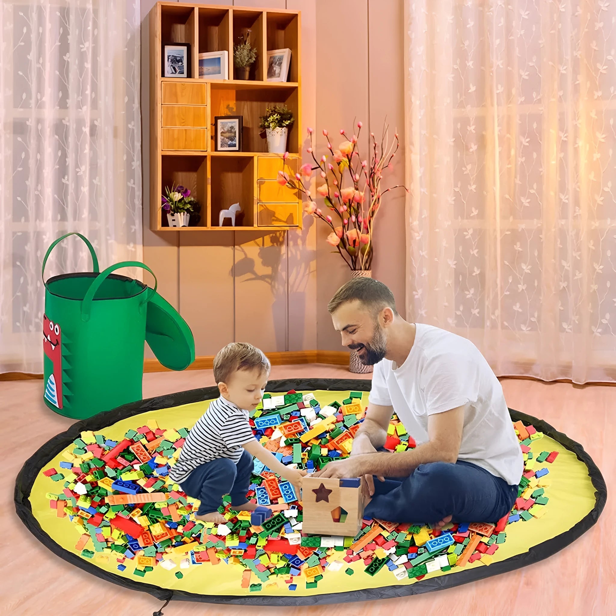 Green felt cube storage bag with pull rope that converts to flat play mat for toy organisation