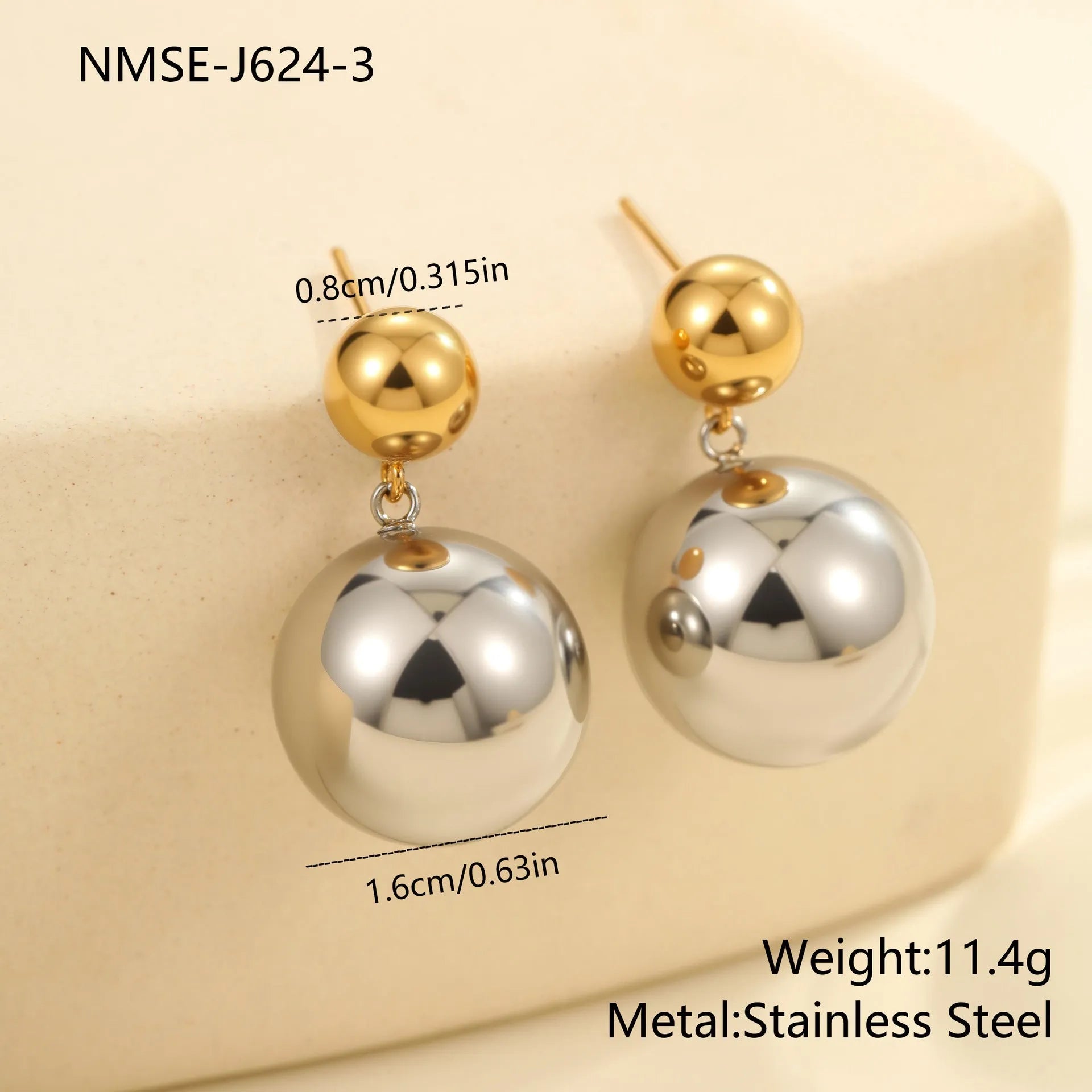 Stainless steel colour-block ear studs with round bead design and 18K electroplated finish