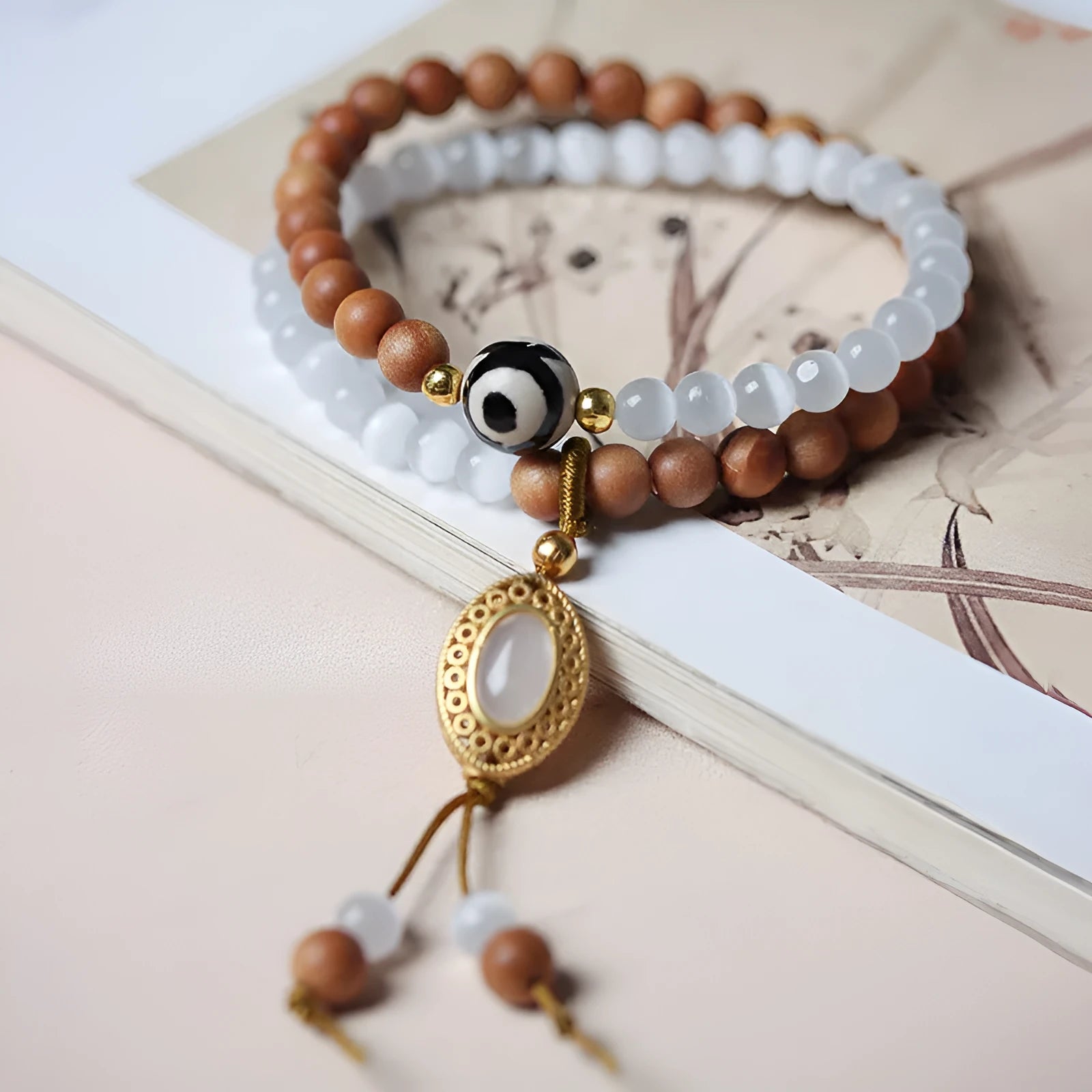 Polished sandalwood opal double ring bracelet unisex retro style with Tibetan beads