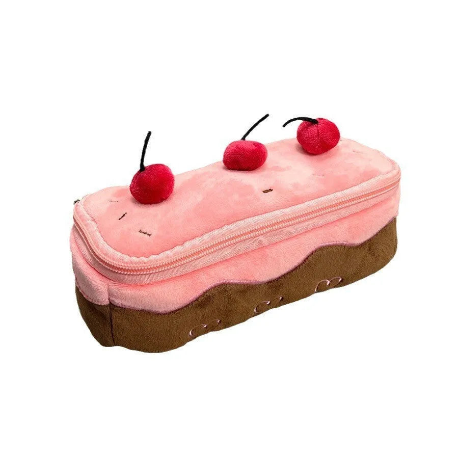 Cherry cake pattern velvet pencil case with Korean style design for stationery organisation