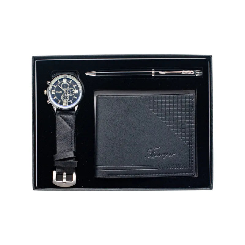 Modern simplicity wallet pen watch gift set in black or brown with OPP packaging