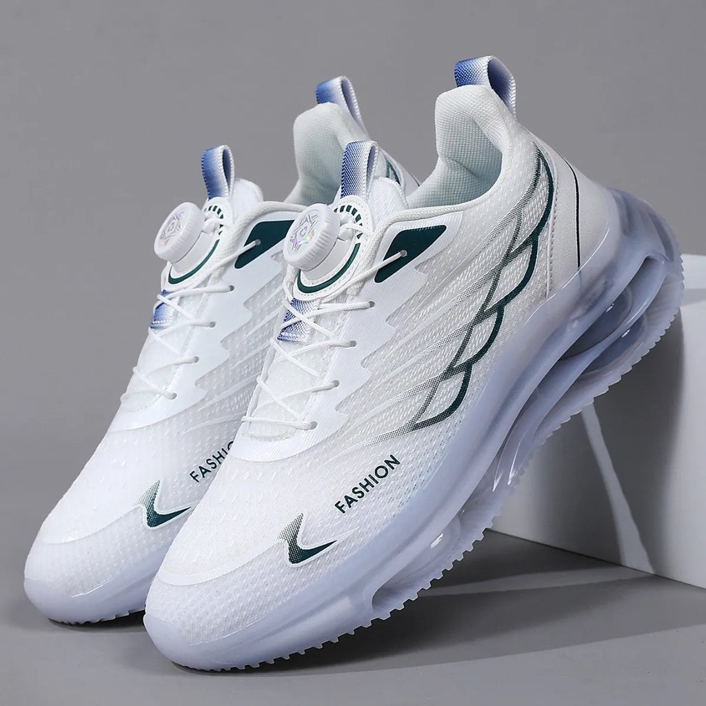 Men's white low-top casual running shoes with a rotating button lace system and mesh upper.