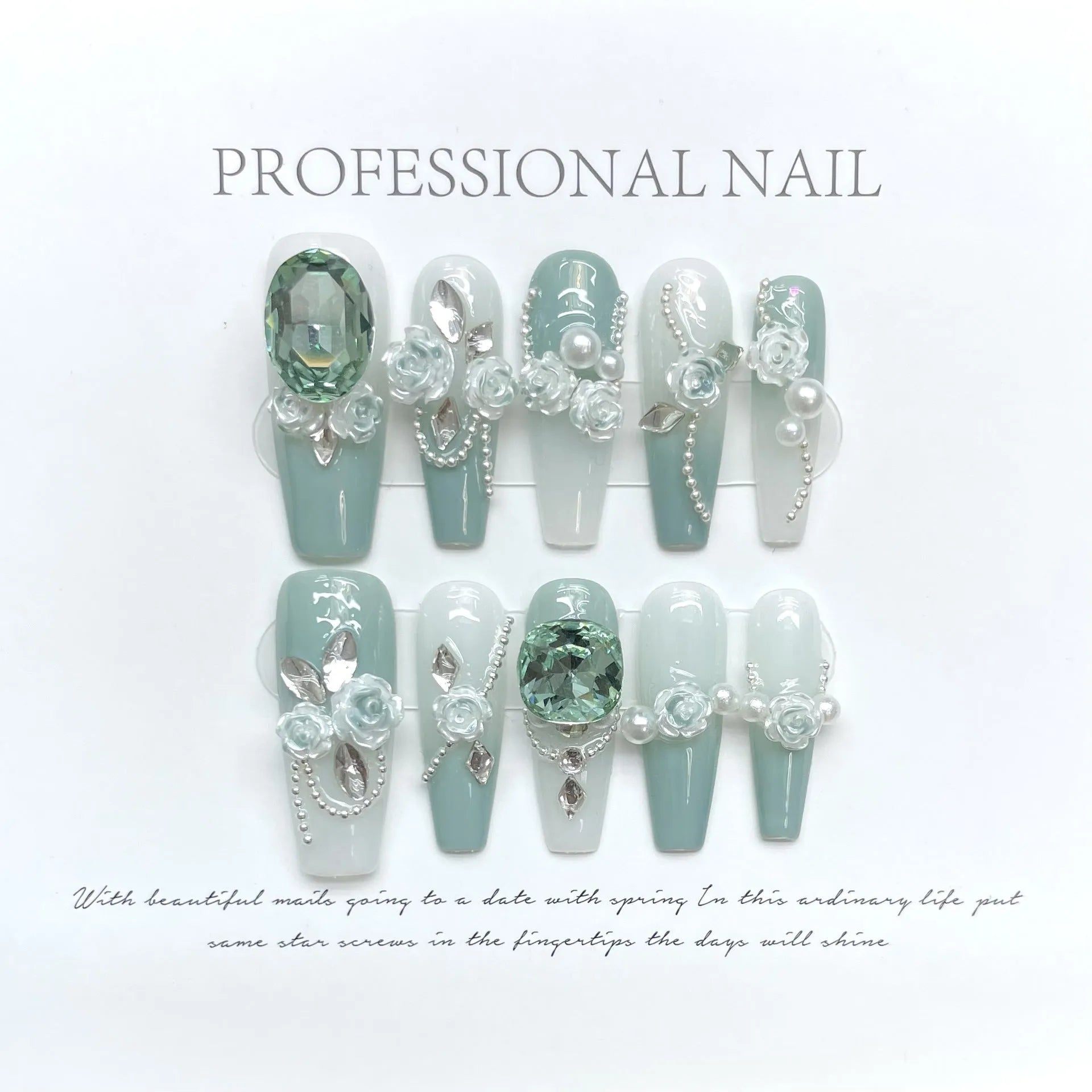 Camellia gradient nail art set with diamond chains, bow and butterfly patterns, and plastic armour suit