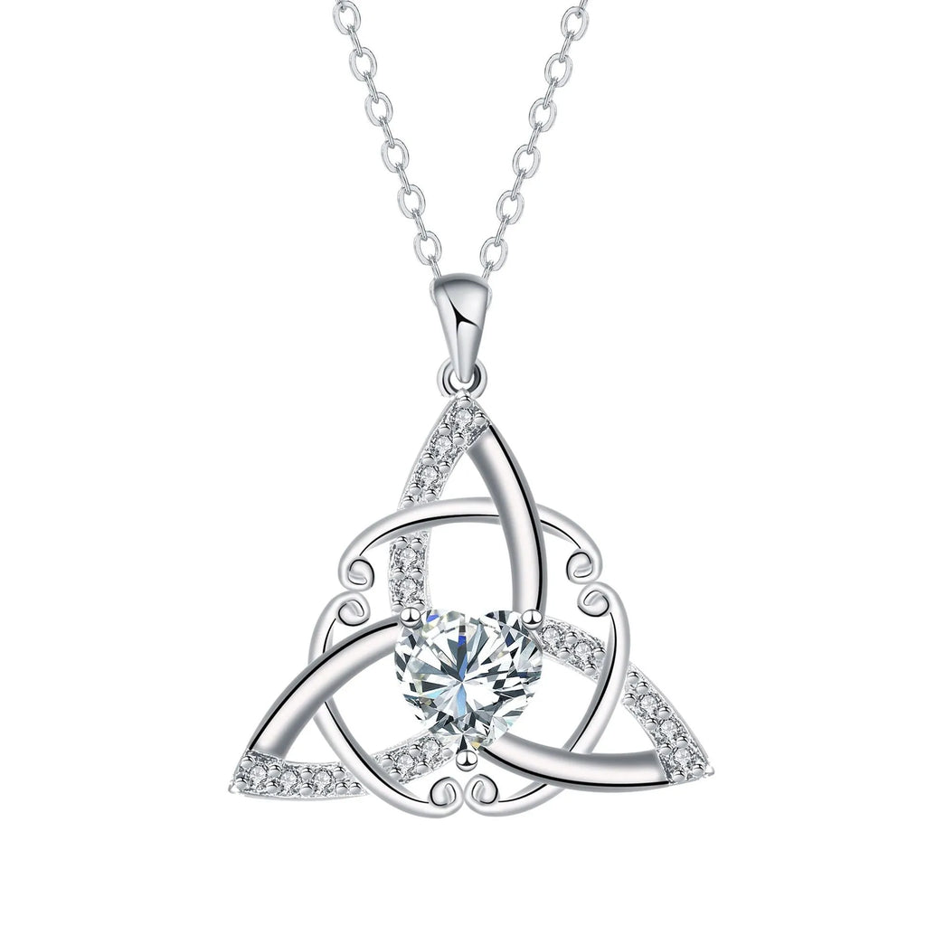 Women's Celtic knot necklace with geometric pendant in electroplated finish on copper chain