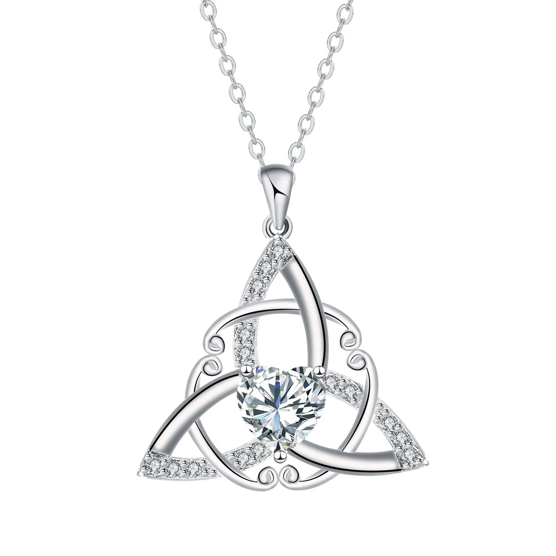 Women's Celtic knot necklace with geometric pendant in electroplated finish on copper chain