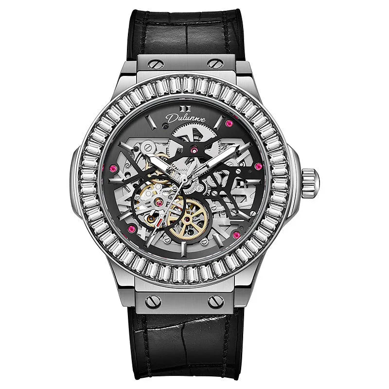 Men's automatic mechanical watch with diamond-studded hollow movement and white shell case