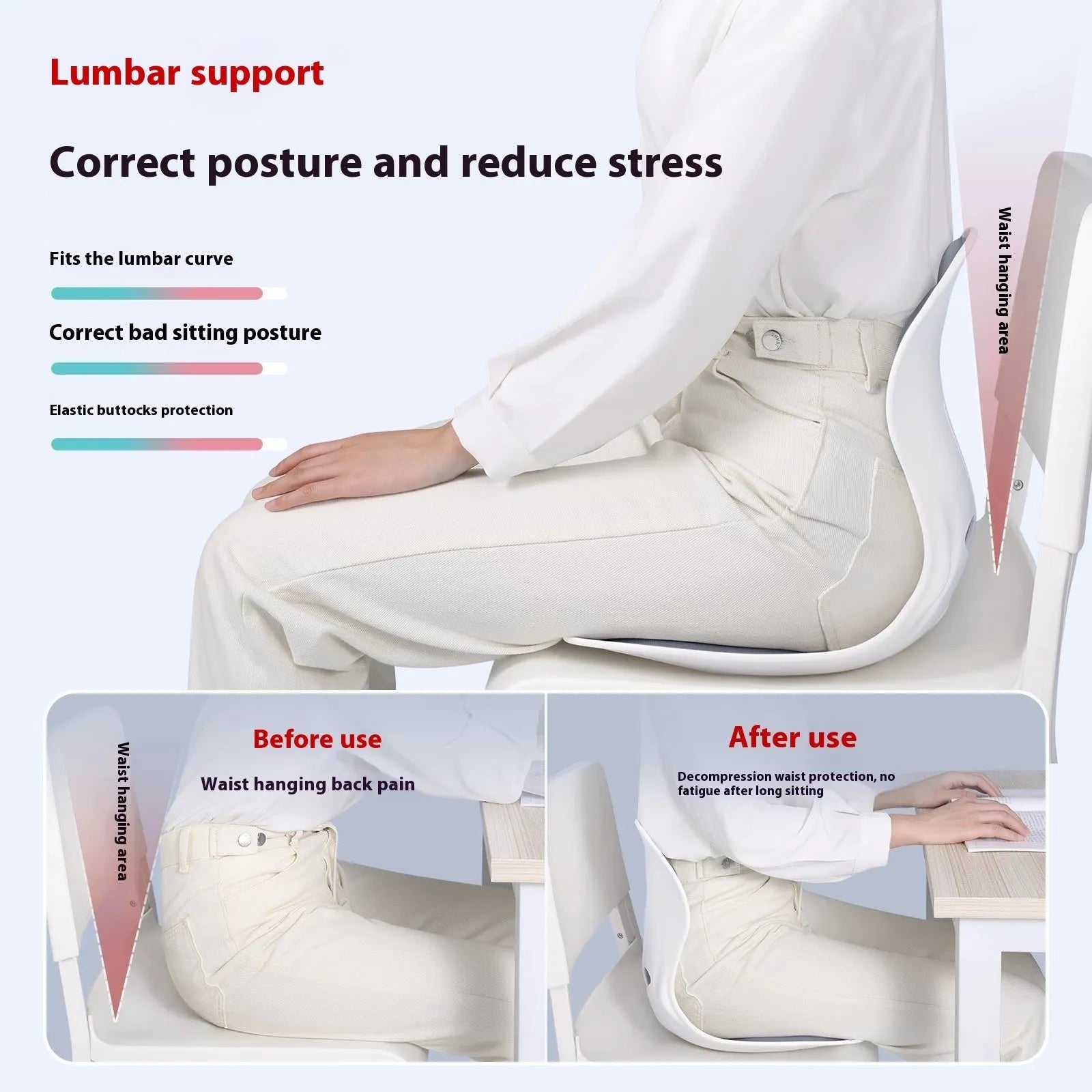 Grey waist support seat cushion with lumbar design for long sitting comfort