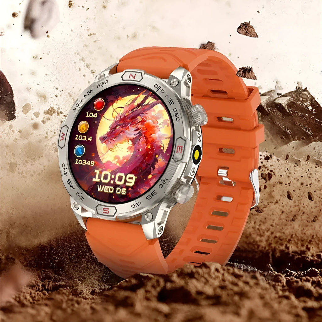 Black sports watch with 1.43-inch AMOLED screen showing weather forecast, on silicone strap