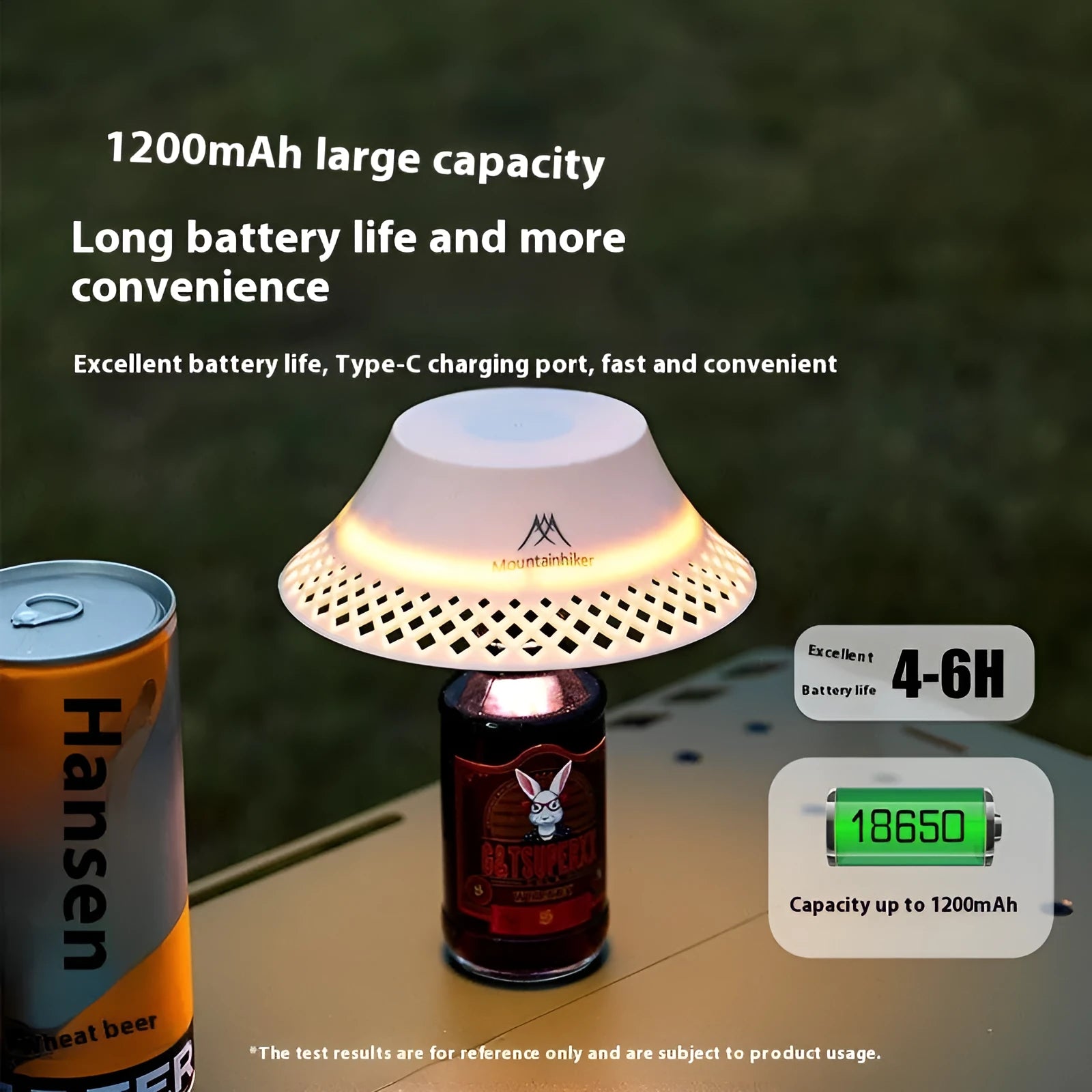Beige wine bottle shaped camping lantern with USB-C port, shown lit on a wooden table outdoors.