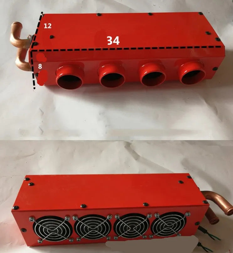 Metal car heater unit with copper pipe connections for engine waste heat utilisation