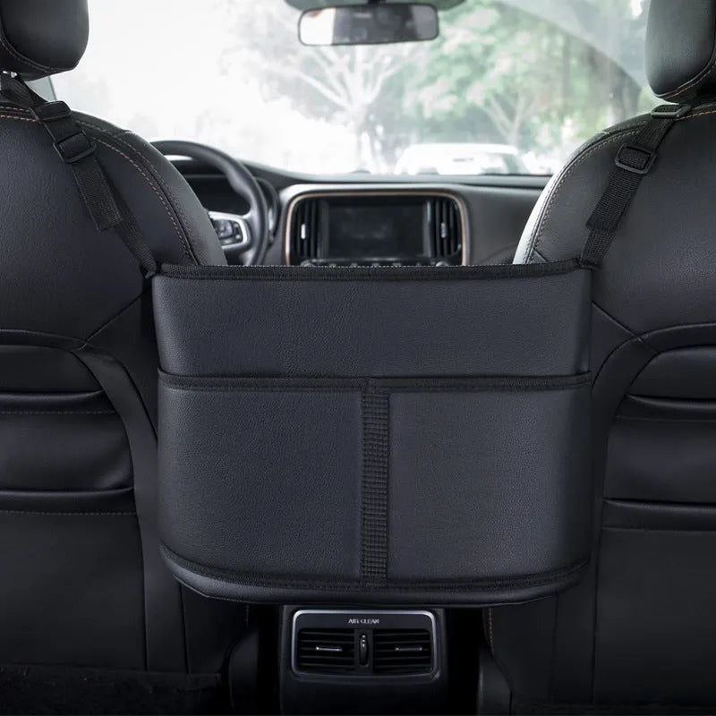 Pure black Lychee grain leather interseat storage bag for car tissue box between seats