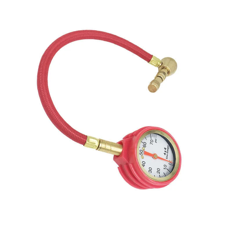 Mechanical automobile tyre pressure gauge with metal body and rubber shell in red, black, or silver finish