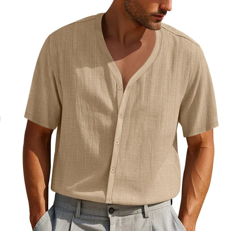 Men's imitation linen bamboo short-sleeved Henley shirt in solid colour, loose casual fit, short sleeves, summer top