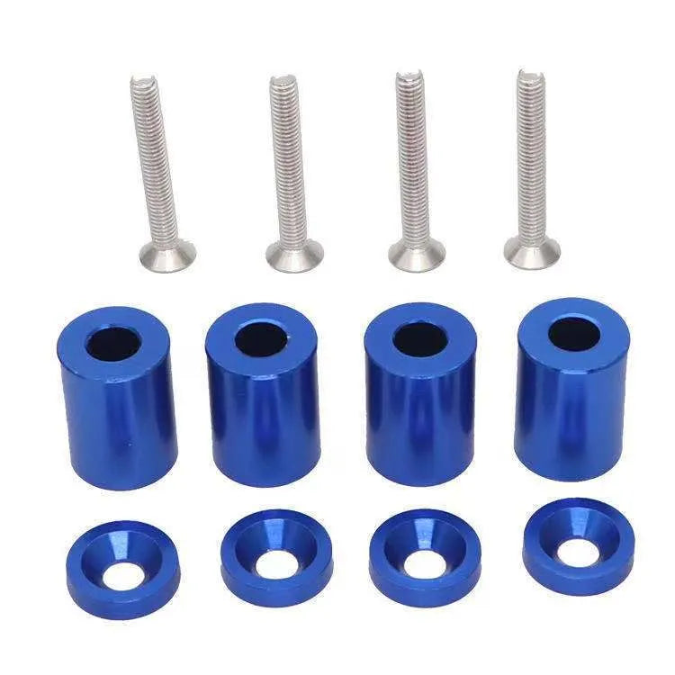 Aluminium alloy automotive bolt kit with screws, nuts, and washers in black, blue, and red colours