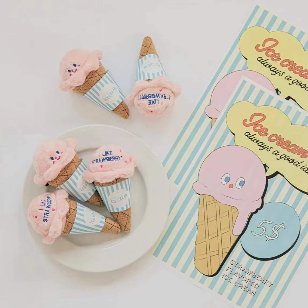 Fleece ice cream squeaky pet toy in lake blue and pink, 13cm long
