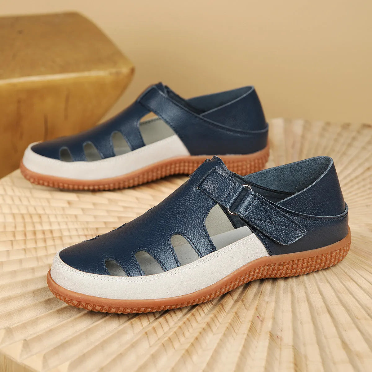Plus size women's flat heel sandals with hollow toe cap in blue, quick-drying waterproof PU upper, thick rubber sole