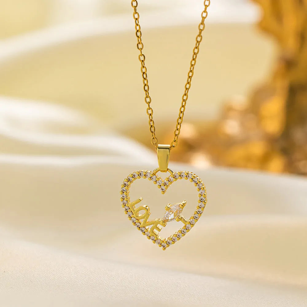Women's titanium steel and copper-plated pendant necklace set crescent heart shapes gold and steel finish