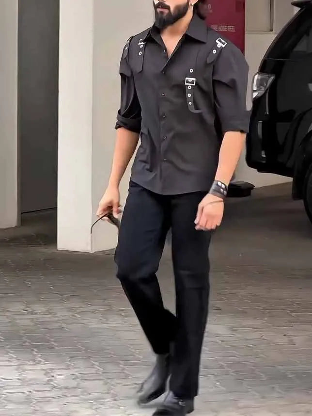 Men's black button-up shirt with traditional collar and regular fit
