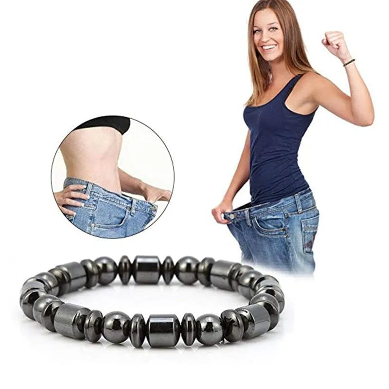 Black pentagram stone magnetic therapy bracelet with a stretch band for men and women.