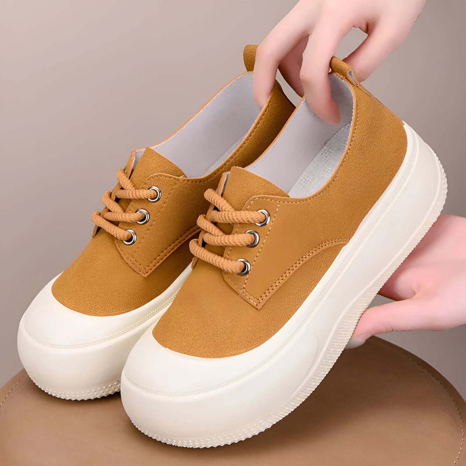 Women's casual platform round toe loafers in beige with suede upper and rubber sole