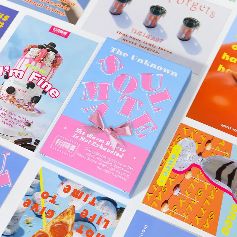 Box containing two printed postcards with fresh artwork designs for greetings and simple gifts.