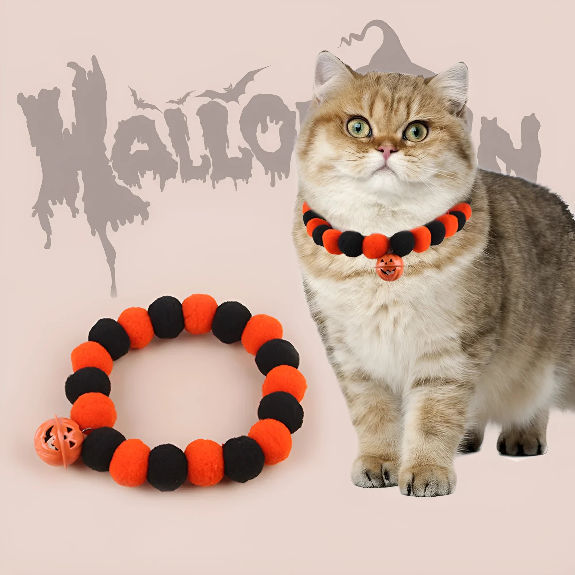 Orange Halloween pumpkin dog cat collar with green ribbon leaf, black stripes, jingle bell, and breakaway buckle on grey background.