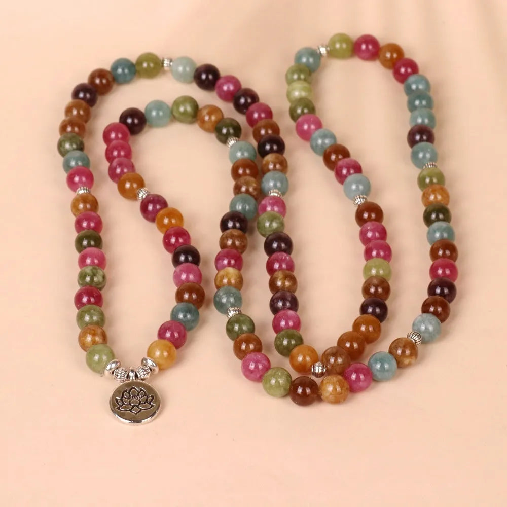 Multi-strand bracelet with 108 natural tourmaline beads and lotus charm on alloy chain