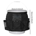 Black cylindrical hanging storage bag for 5 gallon barrels, car washing tools, and fishing tackle