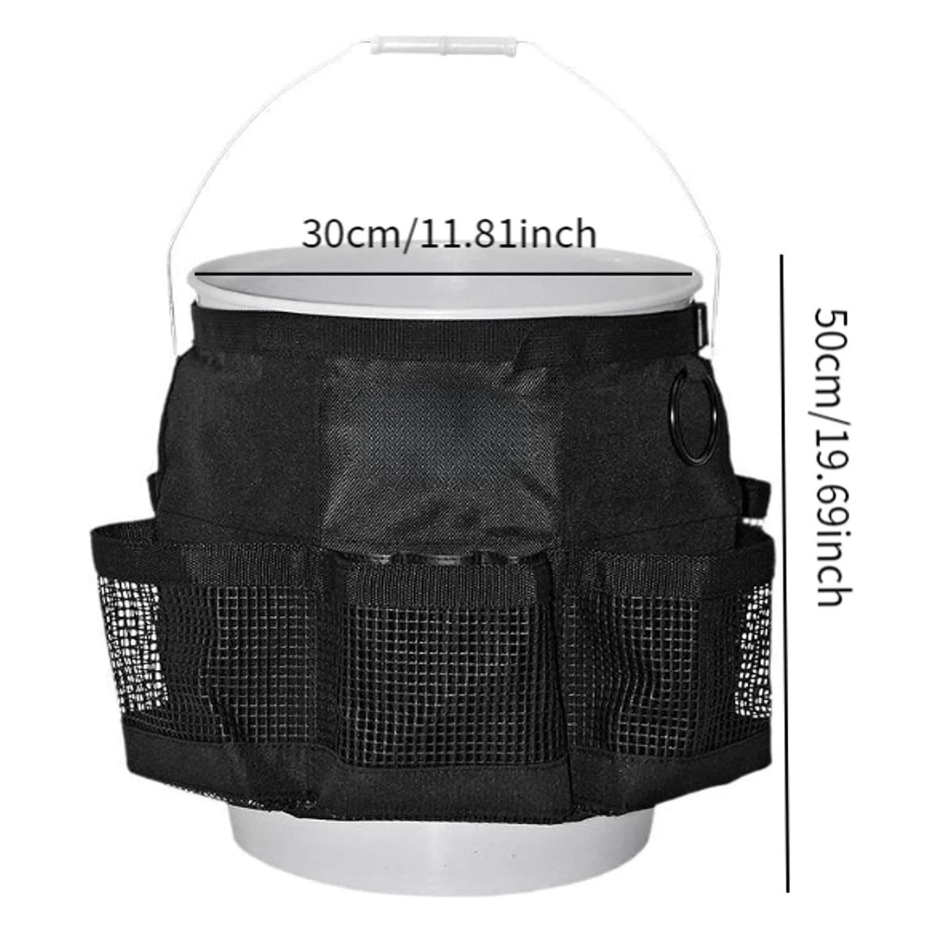 Black cylindrical hanging storage bag for 5 gallon barrels, car washing tools, and fishing tackle