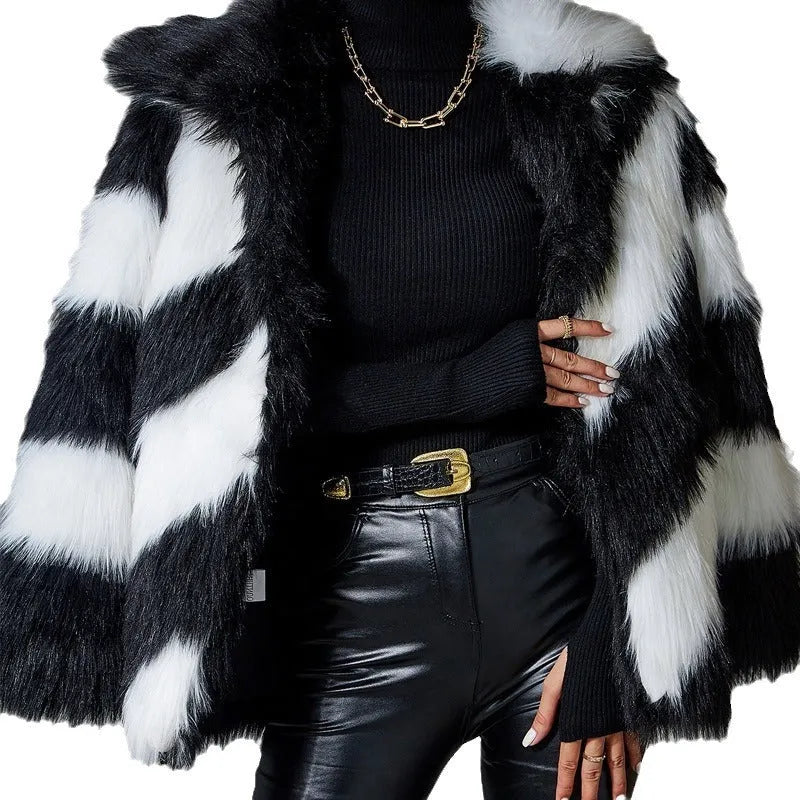 Faux fur coat with contrast lapels and fur collar in normal length