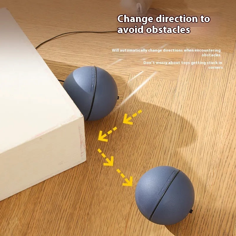 Automatic cat toy mouse teaser ball with plush mouse in blue orange and dark gray on floor