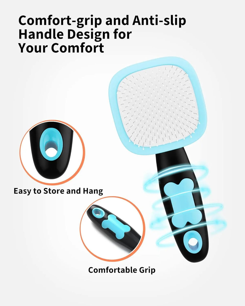 Rectangular pet grooming brush with stainless steel bristles and blue rubber handle on white background