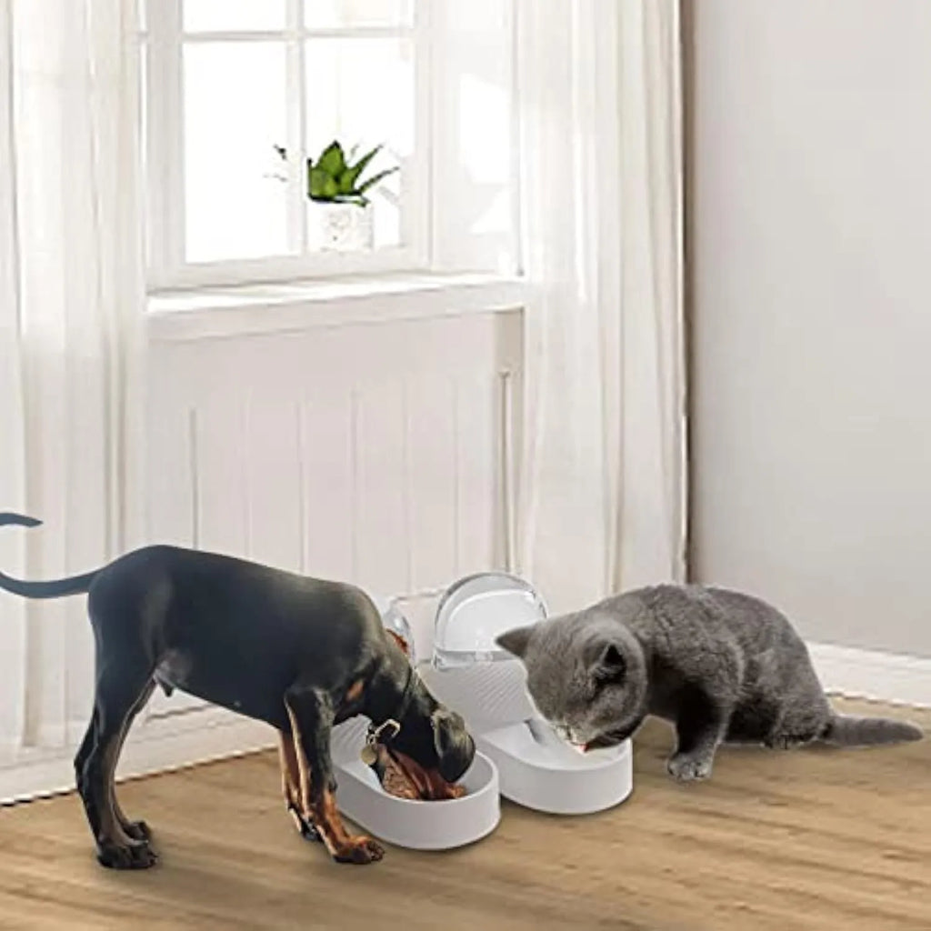 White plastic cat feeder and water dispenser set with wave-shaped design, two 2-litre units.