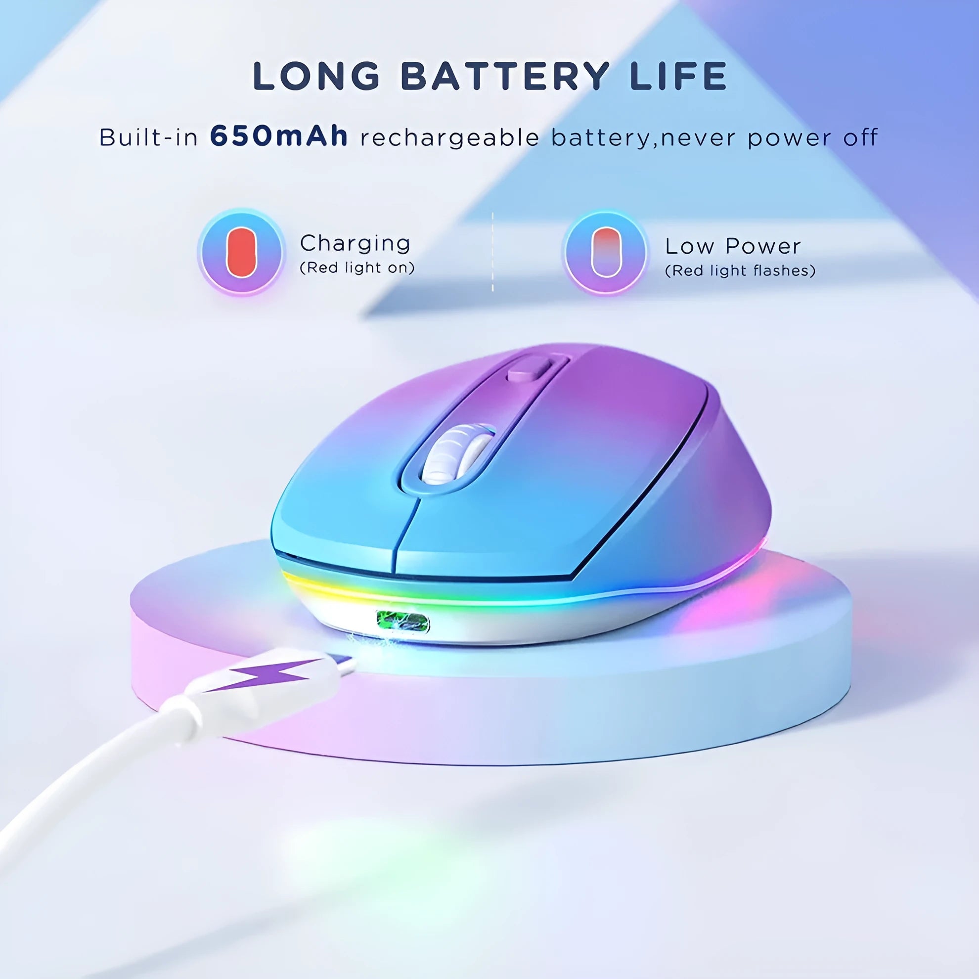 24g wireless rechargeable mouse in multiple colours, shown next to a USB charging cable.