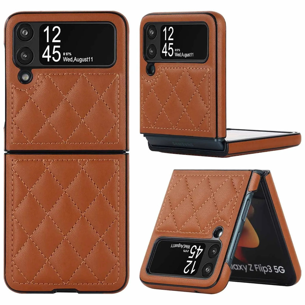 Samsung Z Flip 4 foldable screen phone case with textured lambskin plaid pattern in black