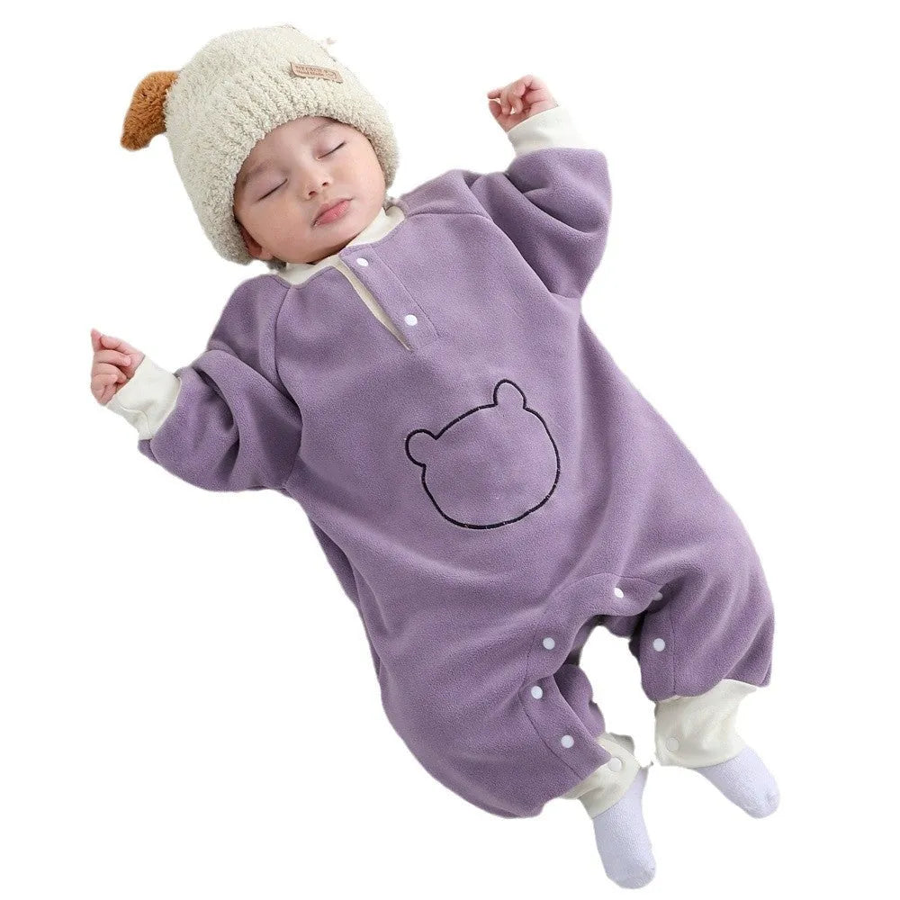Thick Oli Fleece baby romper in Little Bear purple, a fleece-lined jumpsuit with long sleeves for spring autumn winter wear